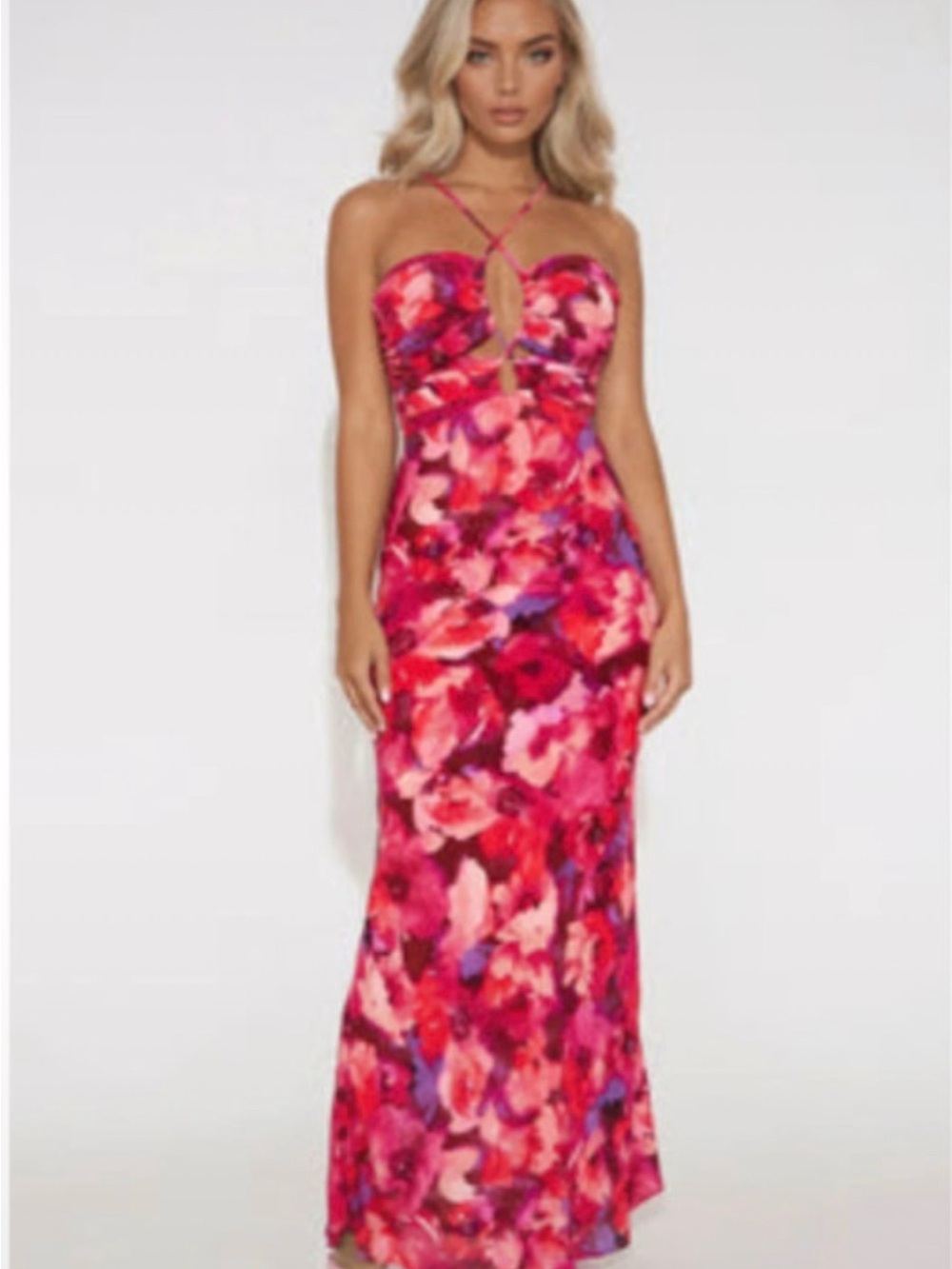 Fashion Nova Pink & Red Floral Halter Maxi Dress